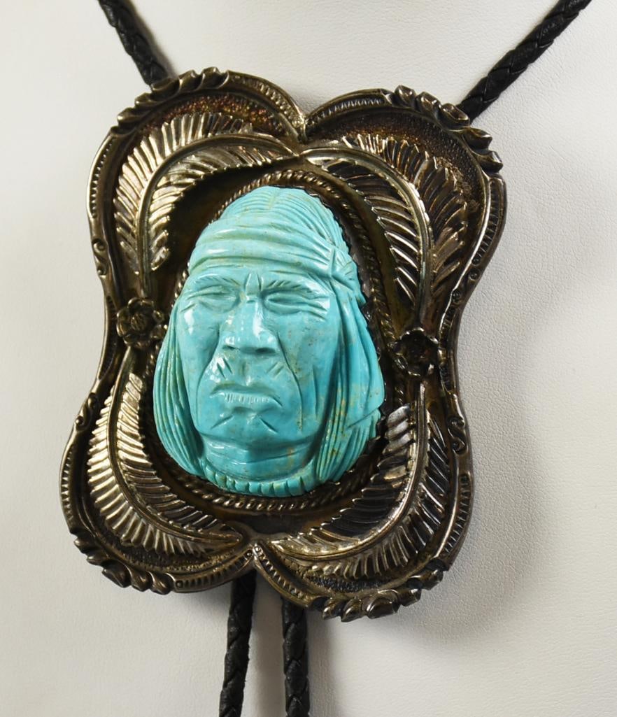 Boy Apache Carved Turquoise Native American Warrior Bolo (1 of 10)