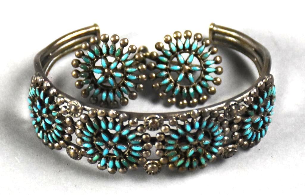 Vintage Zuni Sterling & Turquoise Earrings, Cuff Bracelet: Beautiful set of sterling jewelry. This vintage Zuni petit point set is sterling with turquoise that includes a cuff bracelet with matching screwback earrings. No visible marks.?