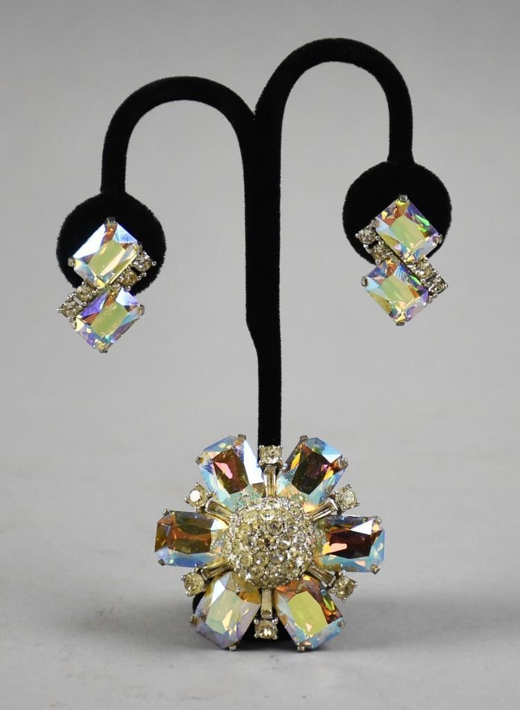 Vintage Jomaz Rhinestone & AB Crystal Brooch & Earrings Set: This wonderful set is from Jomaz, founded by Joseph J. Mazer. Brooch and matching earrings are mirrored AB crystal and rhinestone. Brooch with domed center encrusted with clear rhinestone and accents 