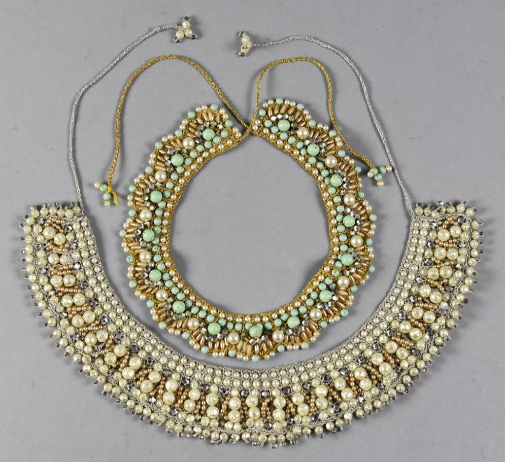 Vintage Hand Crafted Faux Pearl Collar Chokers: These are beautiful faux pearl collar chokers that appear hand crafted. The shorter one, measuring approx. 10" long, includes light blue beads with gold and rhinestones. The longer piece, approx. 24" 