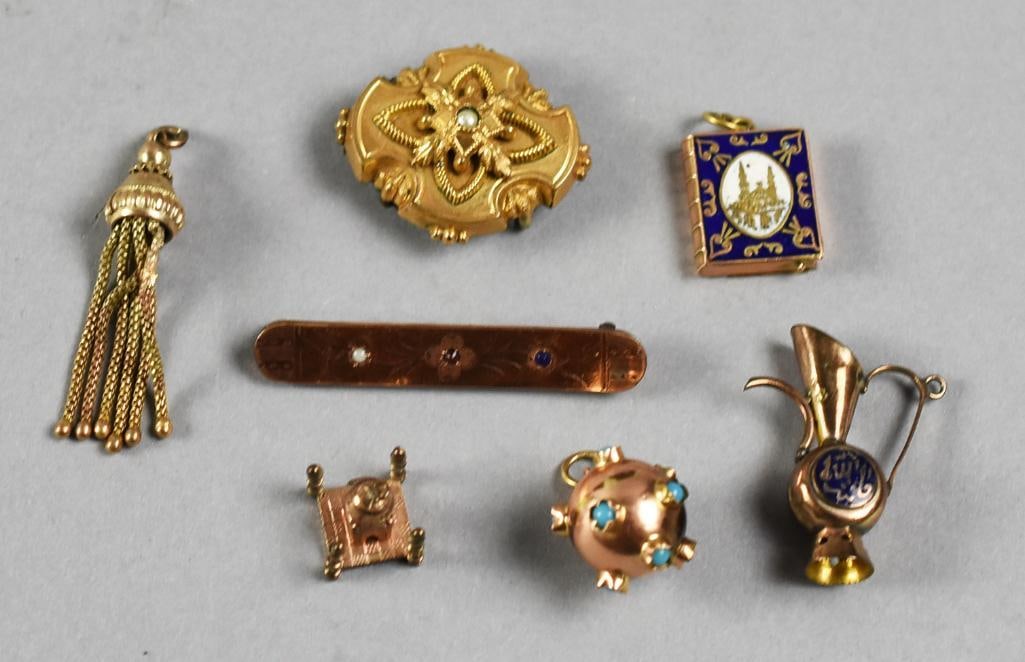 Antique & Vintage Gold Filled Charms & Brooches: This is a great assortment of antique and vintage charms, a brooch and pendant brooch. Charms are Taj Mahal, sphere with turquoise, tassel, enamel book and a pitcher with enamel. Two have designer mar