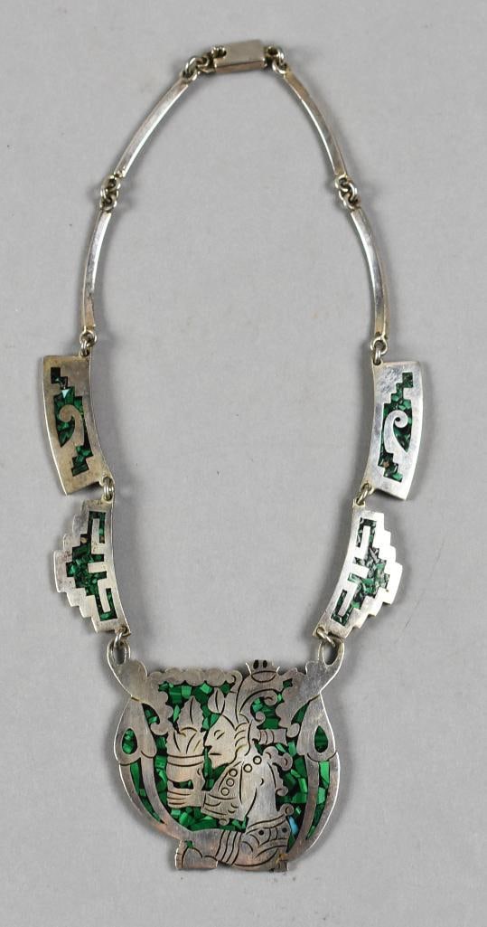 Vintage Mexico Sterling Mayan Warrior Necklace, Malachite (1 of 6)