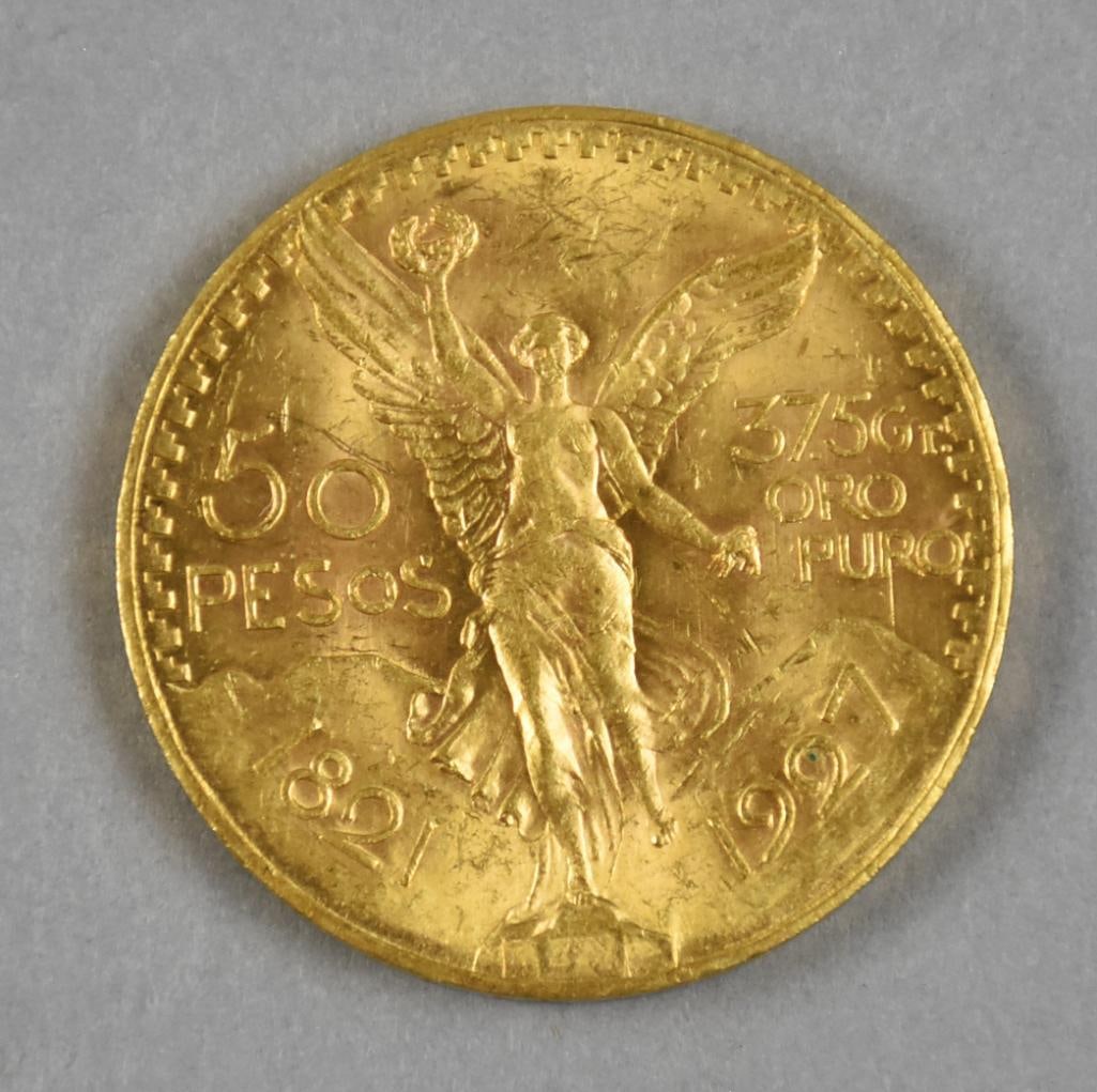 1821-1927 90% Gold Mexican 50 Pesos Coin, 37.5 Gr.: Lot is for an 1821-1927 Mexican 50 pesos coin in 90% gold, 10% copper.
