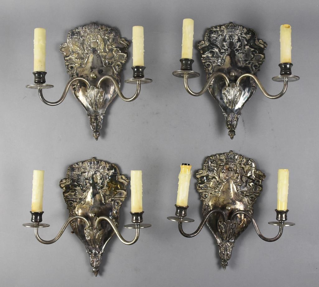 c1925 Sheffield Plate Coat of Arms Two Light Wall Sconce Set: Gorgeous set of antique wall sconces, believed to be Sheffield. These plated two light wall fixtures feature one rearing lion and one rearing horse with center crown, acanthus scrolls. The electrified
