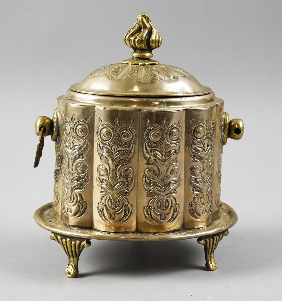 c1910 Moroccan Silver Plate Brass Tea Caddy: Beautiful antique tea caddy, appears to be from Morocco. It is c1910 and silver plate brass and hand chased flower and leaf design and tripod feet. Impressed mark on bottom, illegible. Measures approx