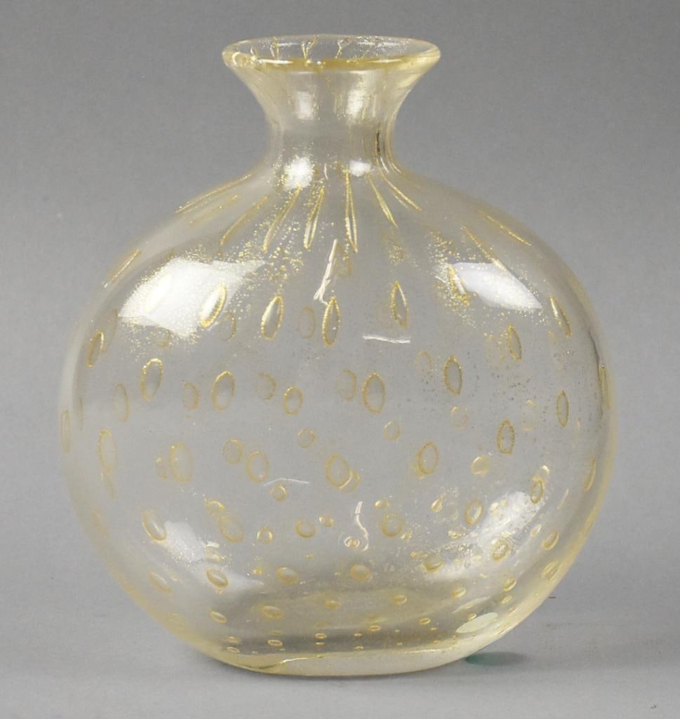 Murano for Tiffany Achimede Seguso Controlled Bubble Vase: This gorgeous piece of glass is Murano made for Tiffany & Co. Bulbous vase with gold fleck and controlled bubbles. Hand signed on the bottom Achimede Seguso Murano and also retains the original Tiffan