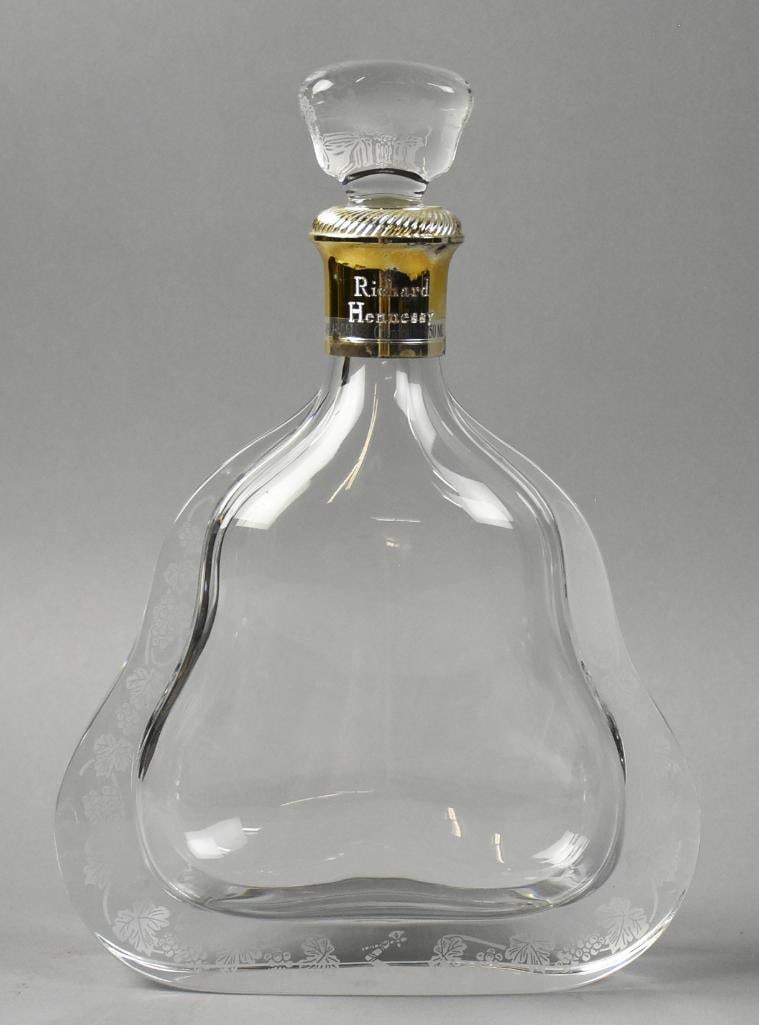 Baccarat France Crystal Hennessy Cognac Decanter: This is a lovely crystal decanter from Baccarat. It is for Richard Hennessy cognac with beautiful acid etched grape an leaf pattern on stopper and bottle. Well marked on bottom and measures approx. 11