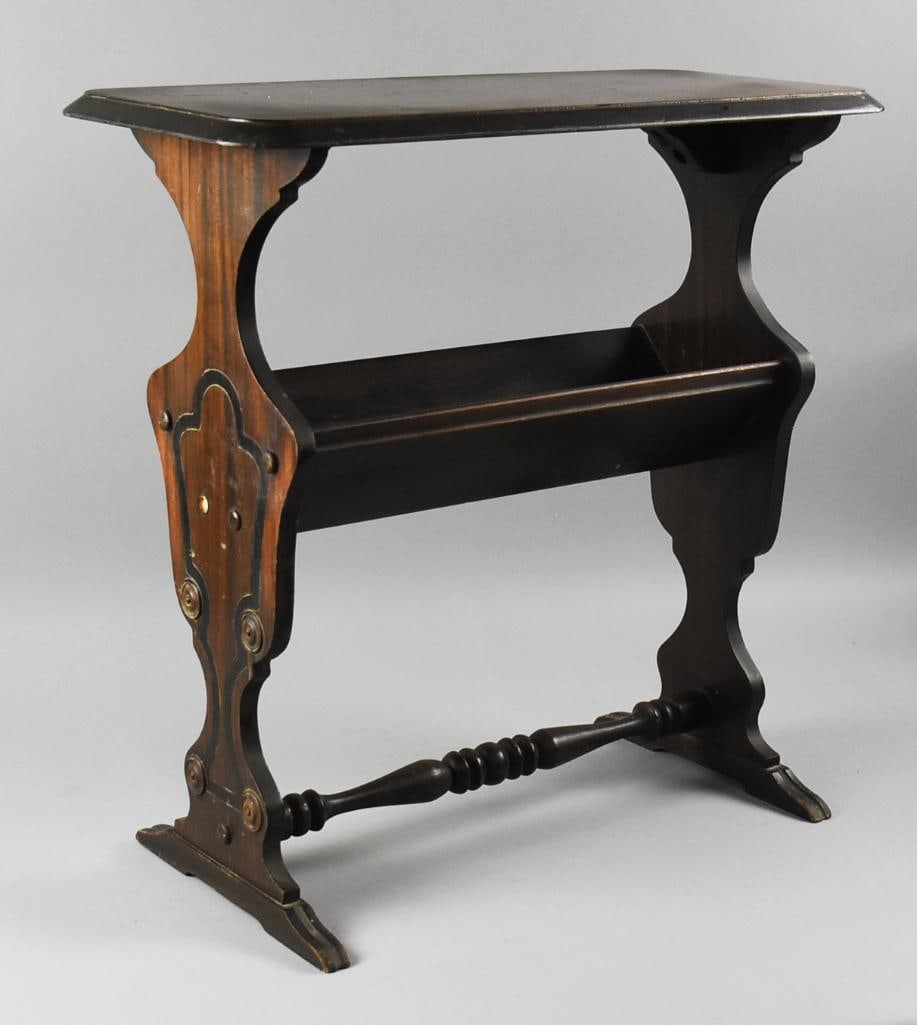 c1910 P. Robertson Company Side Table, Book Shelf: This wonderful side table/book shelf is from (H) P. Robertson Company - Maker of Tables in operation from approx. 1906-1916. Table appears oak with a deep dark finish. Side slats with ornate lightly c