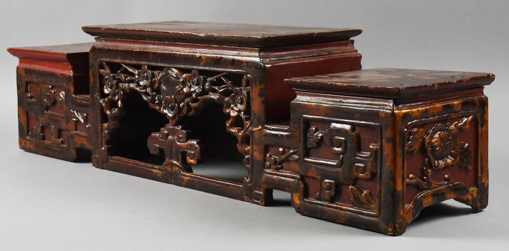 Antique Vietnamese Hard Wood Display Stand: This is a beautiful hard wood display stand from Vietnam. Lower sides with open work center display nook. Center shelf lifts off for easy display storage. Retains a Hanoi Department Culture and Inform