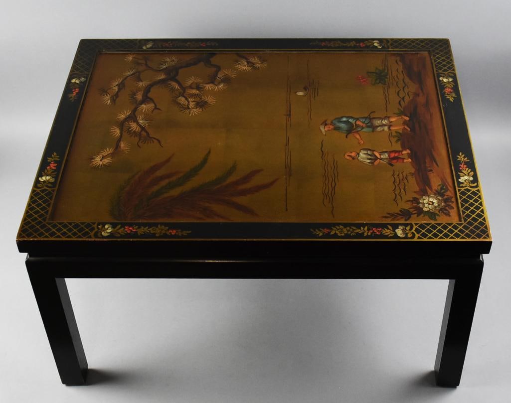 Vintage Kozak Studios Chinoiserie Black & Gold Accent Table: This beautiful table is attributed to Kozak Studios in the United States. Vintage 1940s black lacquer with gold and hand painted landscape scene, an Asian man talking to a young child standing in fron