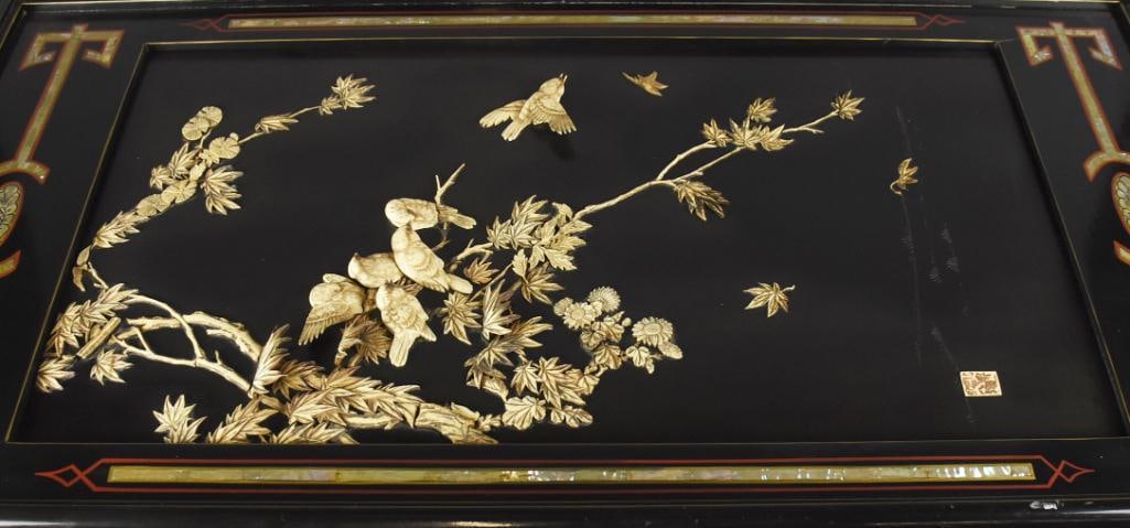 Antique Chinese Import Black Lacquer & Inlay Coffee Table: Gorgeous antique coffee table imported from China. Black lacquer base with inlay of mother of pearl and natural materials, appears to be carved stone, three dimensional birds, trees and flowers. Apron