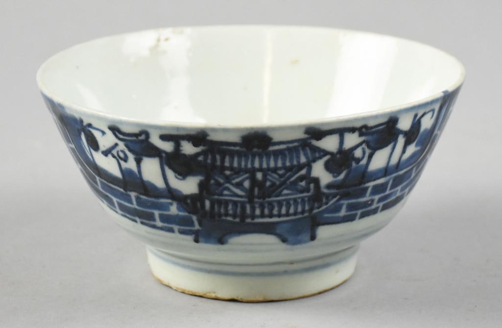 c1900 Qing Dynasty Blue and White Porcelain Cup, Signed: This is a darling porcelain bowl appearing to be from Chinese Qing Dynasty. The outer decorations is a brick wall with pavilion scene. It is marked on the bottom, could be the artist or studio. Measur