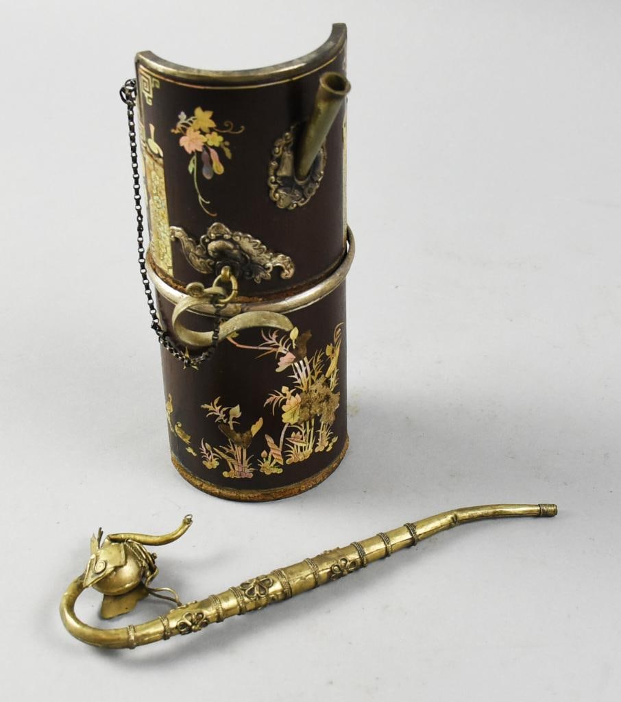 19th Century Chinese Bamboo, Mother of Pearl Water Pipe: This is beautiful piece appears to be from 19th century China. It is a water pipe. Appears to be bamboo and is inlaid with mother of pearl in a floral design. Metal trim, includes an ornate stem with 