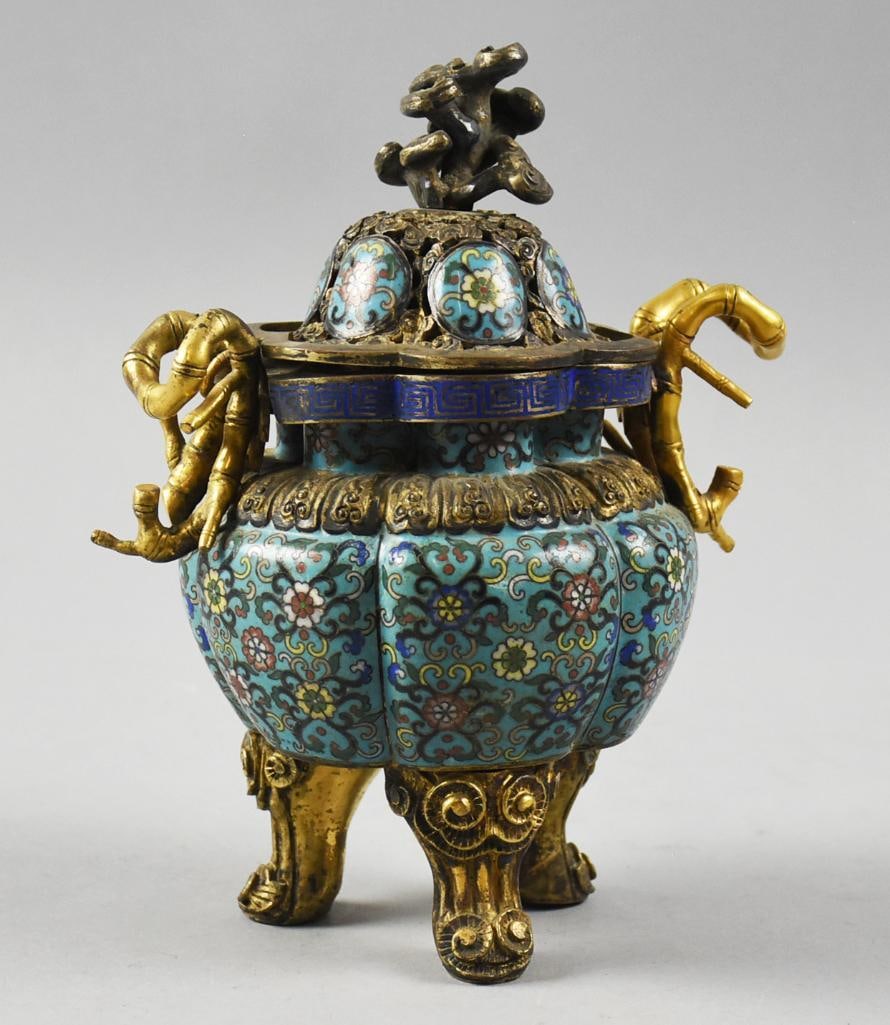 19th Century Chinese Gilt Bronze Cloisonne Censer: Wonderful antique censer from China. With turquoise ground, inlay of multiple color flower and scroll. Lid finial appears to be stylized mushroom. Handles are in the form of bent bamboo and appear gil