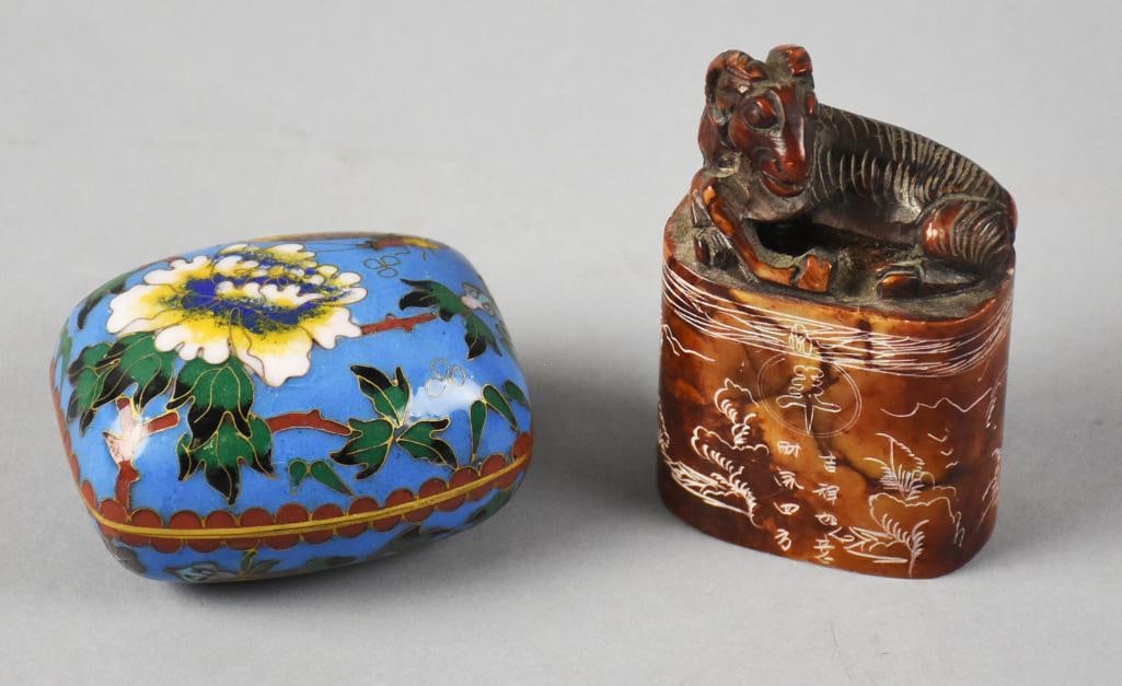 Vintage Chinese Cloisonne Trinket, Soapstone Chop Seal: Very cool pieces of vintage Chinese decorative pieces. They include a soapstone chop seal with Chinese calligraphy and landscape and a carved ram on top. Stands approx. 3" tall. Includes a cloisonne t