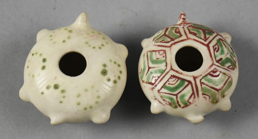 15th C Vietnamese Hoi An Hoard Red Green White Water Droppers: Awesome pair of ancient water droppers from Vietnam. They are porcelain and appear to be puffer fish, one with green accents and one with red and green geometric shapes. Each measures approx. 1.5" tal