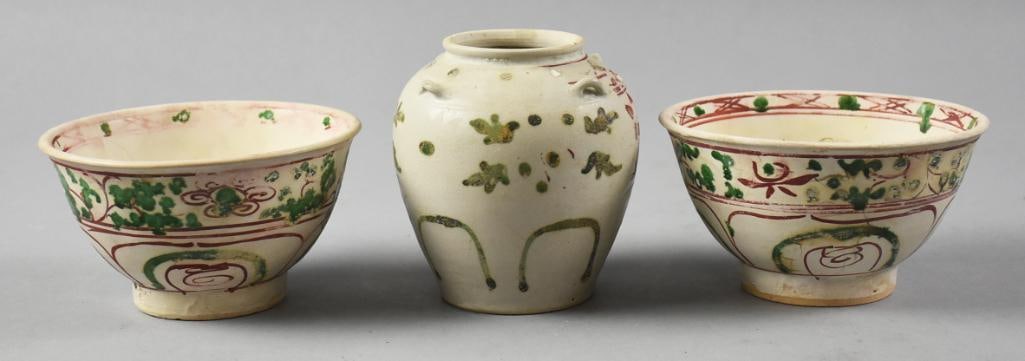 15th C Vietnamese Hoi An Hoard Red, Green & White Porcelain: These fantastic pieces are harder to find with the green and red hand painted details of a floral motif. They each retain the Butterfield's auction stickers and the initial barcode sticker from when t
