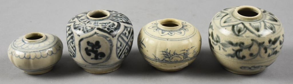 15th C Vietnamese Hoi An Hoard Blue & White Porcelain Jars: These wonderful jars are all hand decorated with a flower motif around the rim. Each retains the original auction sticker from Butterfield's as well as the barcode assigned when they were originally r