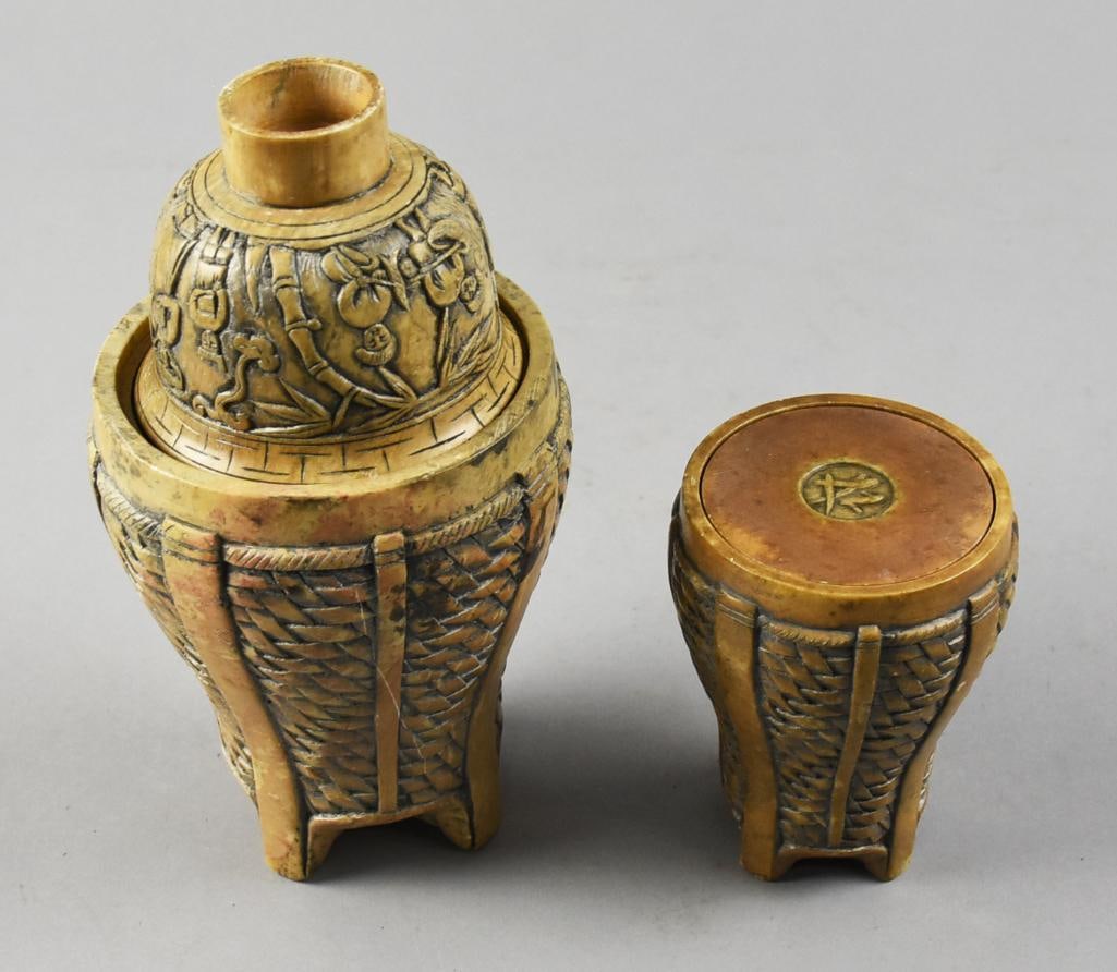 Antique Vietnamese Hand Carved Soapstone Basket Tea Caddy: These cool pieces are antique Vietnamese and hand carved in soapstone. Both are believed to be tea caddies with the taller piece having a matching cup. The smaller basket with lid. They are approx. 5"