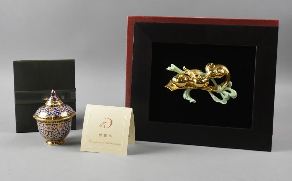 Thailand & Chinese Art Porcelain: These are some beautiful contemporary art porcelain pieces. They include a lovely lidded dish stamped Buron Benjarong. Rich cobalt background with floral motif and gold accents. Includes a very cool p