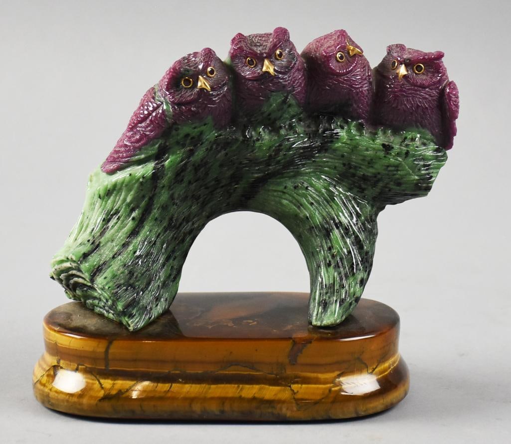 Carved Ruby & Zoisite Owl Grouping w/ Tiger Eye Base (1 of 6)