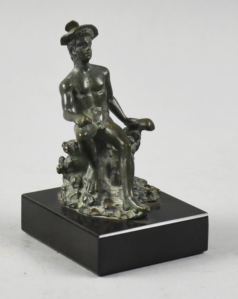 French Moulage du Louvre Bronze Style Mercury Sculpture: This very cool piece is a reproduction of Mercury of Argenton. Appears to be resin with patinated bronze finish. Mounted on what appears to be black marble. Medallion on bottom is Moulage du Louvre?Re