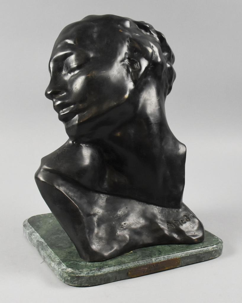 After Auguste Rodin Bronze Eve Bust Sculpture: Wonderful vintage bronze bust sculpture from Auguste Rodin (1840-1917). She is called Eve, the bust of the original full body sculpture from 1881. Bust is mounted to what appears to be a marble base w