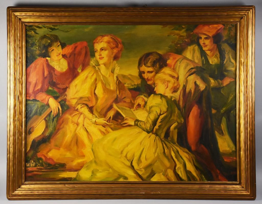 Aloys Bohnen (1880-1969) Oil on Canvas: This is a wonderful painting from California artist Aloys Bohnen (1880-1969). It is a two women being surrounded by adoring men. It is signed in the lower left corner. Nicely framed with the framing i