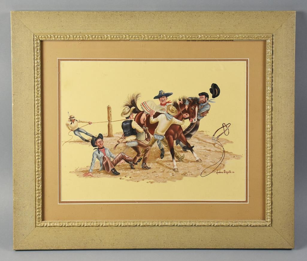 Andrew Dagosta (1923-2009) Western Watercolor Painting: This fun whimsical painting is from California artist Andrew (Andy) Dagosta (1923-2009). Western style, appears to be watercolor, of cowboys trying to wrangle a wild horse. It is signed and dated in t