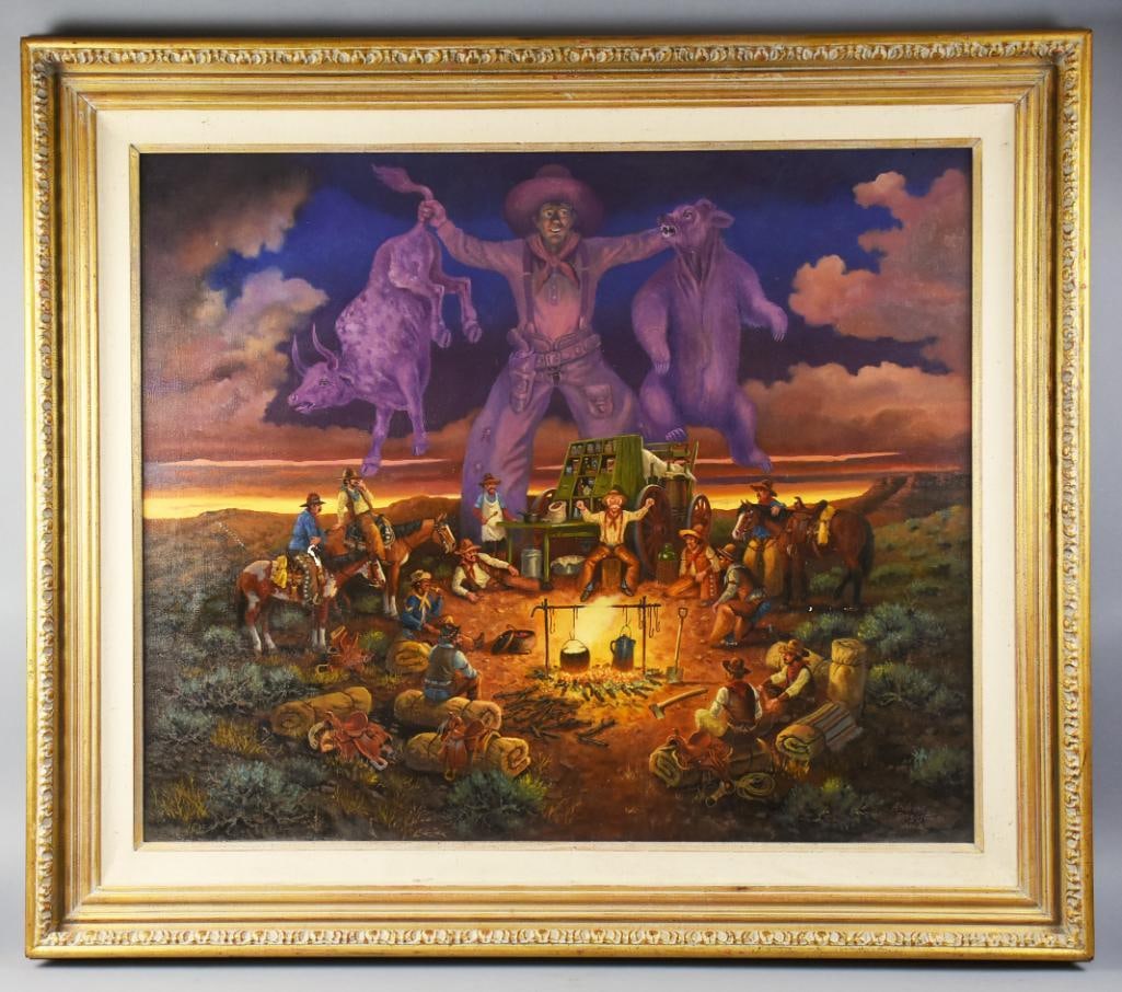 Andrew Dagosta (1923-2009) Campsite Oil on Canvas Painting: Very cool painting from California artist Andrew Dagosta (1923-2009). Painting features a bunch of cowboys sitting around an open fire, some on horseback and a large ghost like figure holding a steer 