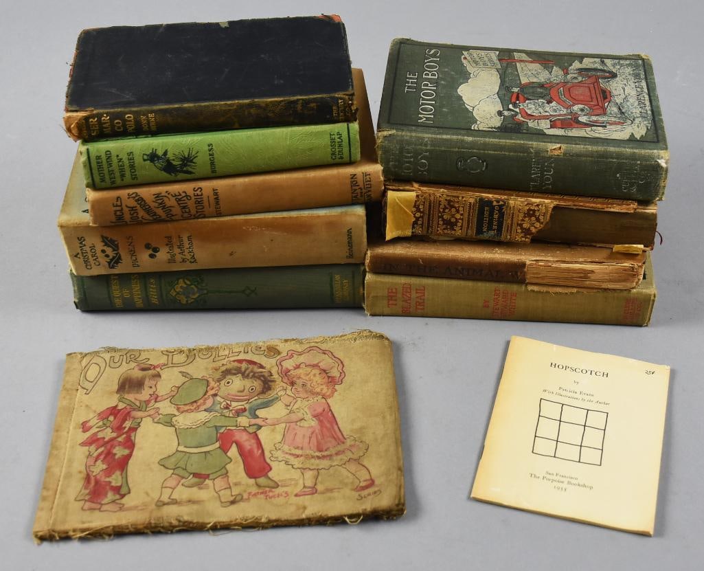 Assorted Antique and Vintage Youth Books: This collection of books are for children and teens. Most are hard cover and include Messer Marco Polo, Mother Westwind "When" Stories, Uncle Josh's Punkin Center Stories, A Christmas Carol, Motor Boy