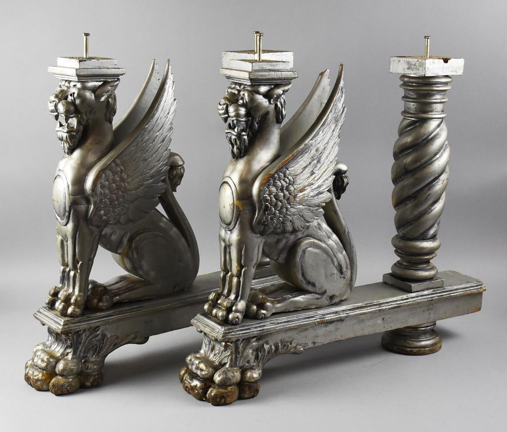 Antique Neoclassical Style Griffin Table Legs: These are amazing antique table or bench legs in the Neoclassical style. They are winged Griffin in a seated position in front of a twisted column. They base is footed with acanthus leaves. Solid wood