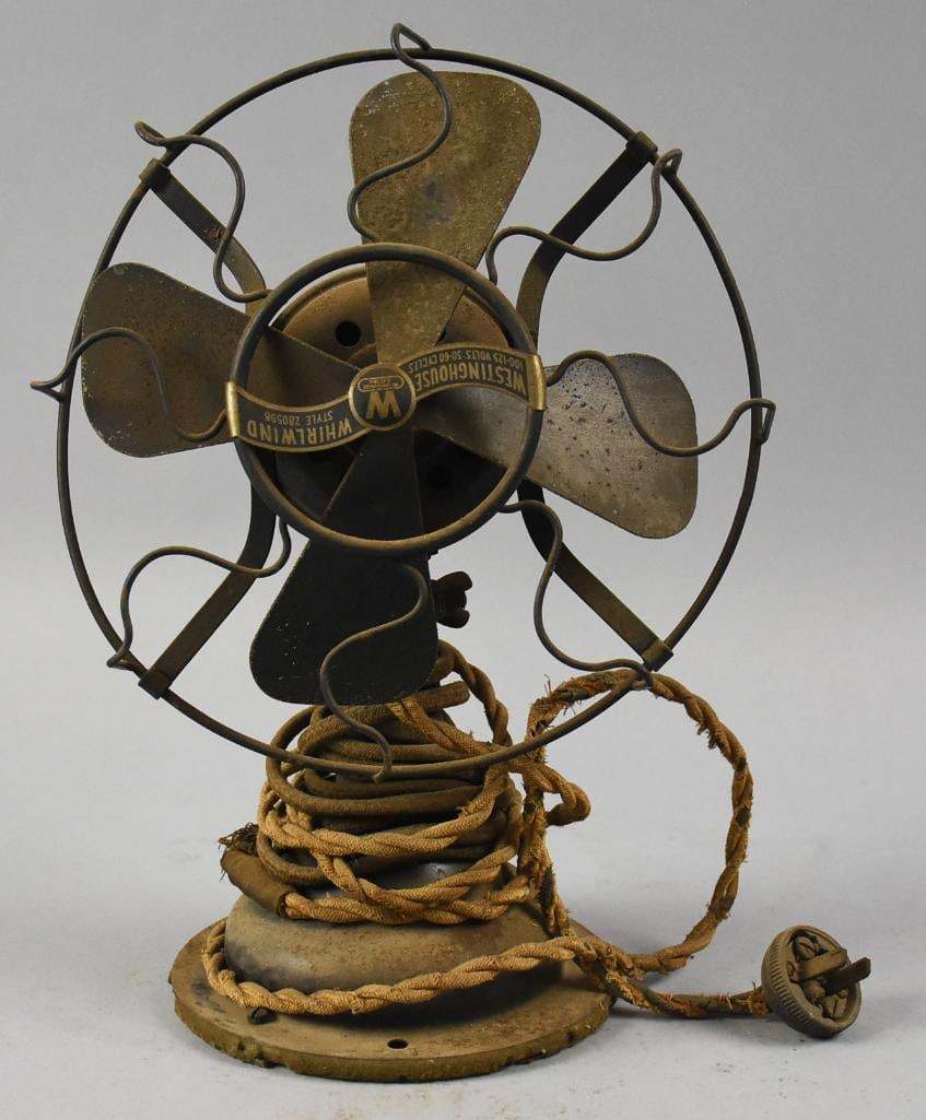 Antique Westinghouse Electric Mfg Co Whirlwind Fan: This is an awesome fan from the Westinghouse Electric and Mfg Co. It is a Whirlwind model and appears all original including the cord. Measures approx. 12" tall. From the home of a professional antiqu