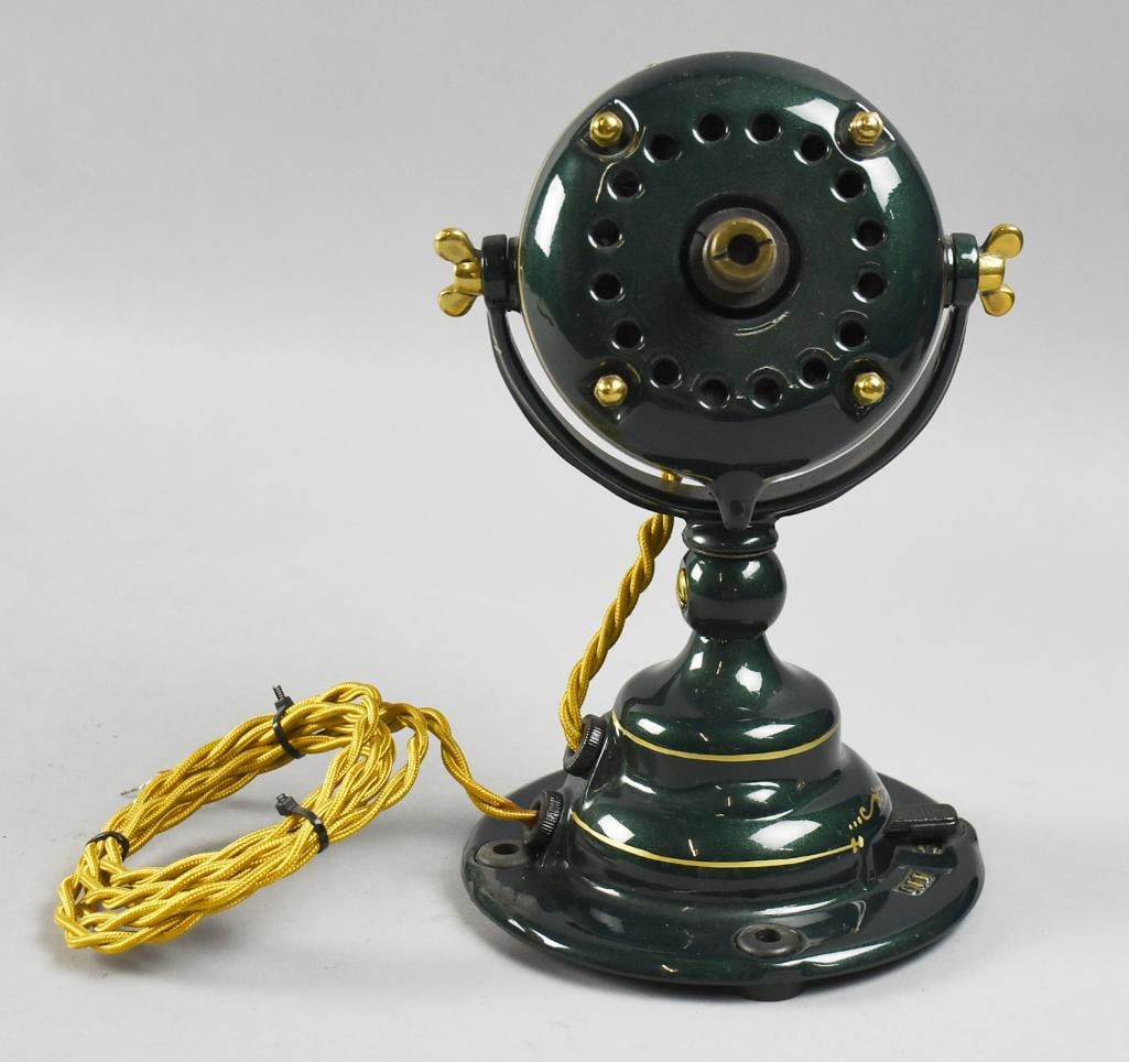 Antique Emerson Alternating Current Fan Motor: Fantastic antique The Emerson Electric Mfg Co fan motor. It is for an Alternating Current fan and has been restored. It is a deep green enamel paint with gold wheat flourishes and hand painted gold sc
