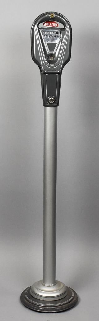Vintage Rockwell Nickel & Quarter Parking Meter, Restored: Beautifully restored parking meter from Rockwell. It is a rich slate gray with polished chrome plates and matte silver post. Includes the original key and stands approx. 50" tall.?From the home of a p