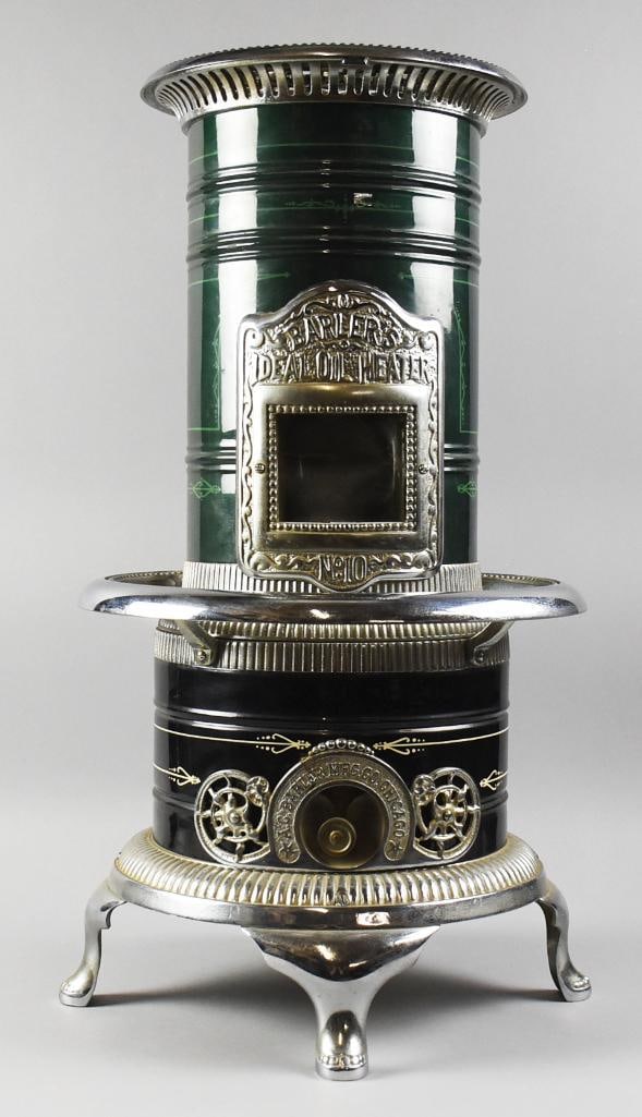 Antique Barler No. 10 Ideal Oil Heater Parlor Heater, Restored: Beautiful restored parlor heater from AG Barler Mfg Co. It is a No. 10 Ideal Oil Heater. It is a deep green and black enamel with light green ornate stripes that appear hand painted. All hardware appe