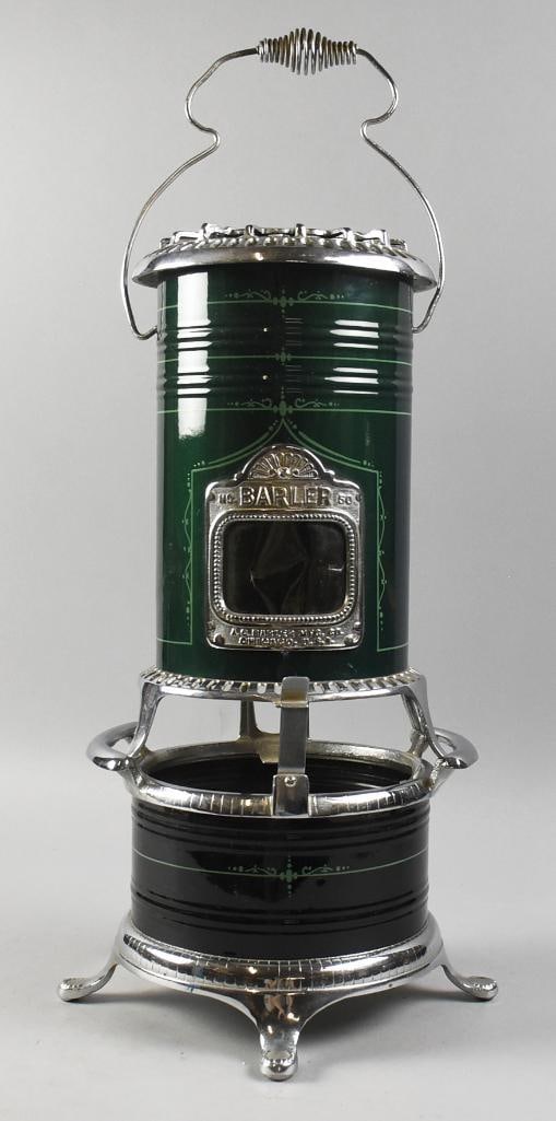 Antique Barler No. 50 Kerosene Parlor Heater, Restored: Gorgeous antique parlor heater from AC Barlor Mfg. Co. It is called the Barler No. 50 and has been fully restored. It is a deep green enamel with lighter green ornate accent stripes. Stands approx. 20