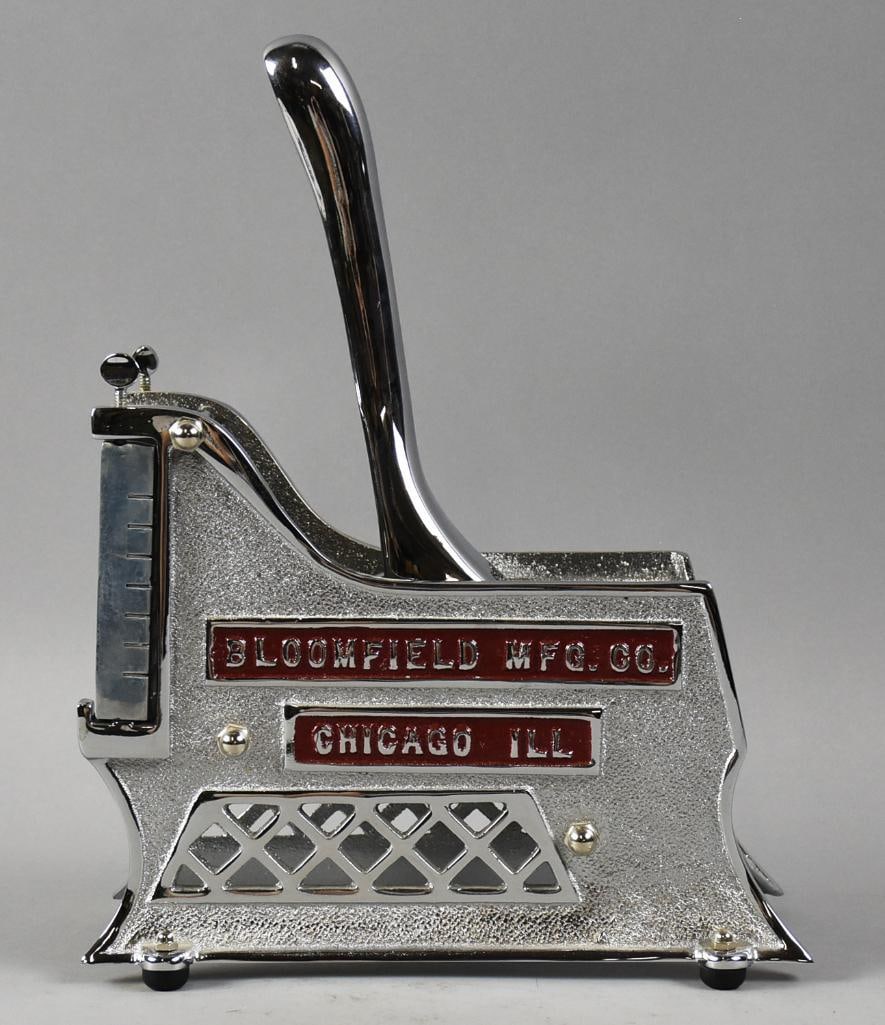 Vintage Bloomfield Mfg Co French Fry Cutter: Very fun and cool vintage kitchen gadget from Bloomfield Mfg. Co. It is an early french fry cutter with a polished chrome finish. Appears restored, but possibly very well kept. Measures approx. 13" x 