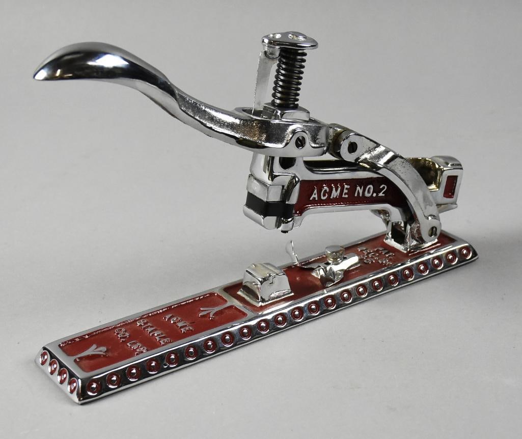 c1895 Acme Staple Co, Chrome No. 2 Stapler: This is an awesome restored antique stapler. It is from Acme Staple Co. Ltd. Appears chrome with burgundy enamel paint. The No. 2 stapler with a patent date of December 31, 1895. Measures approx. 7" x