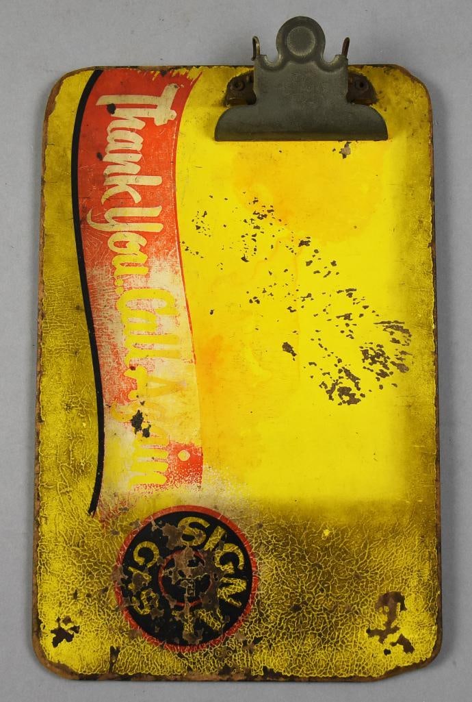 Vintage Signal Gas Employee Clipboard: Awesome vintage clipboard from Signal Gas, the once prominent petrol company in Los Angeles. Yellow clipboard with "Thank You. Call Again" and the company logo, both decals. Measures approx. 11" x 7".