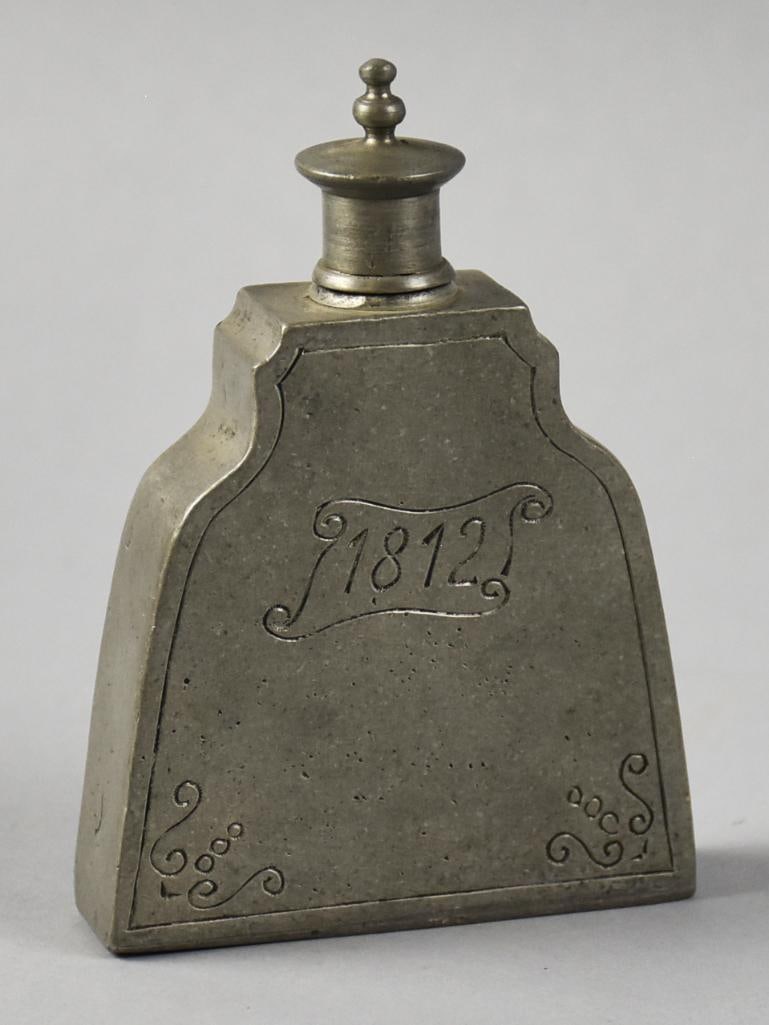 Rein Zinn Pewter 1812 Commemorative Flask: Very cool vintage flask from Rein Zinn. It is a commemorative flask with the date impressed of 1812. It is an interesting bell shape and is marked on bottom. Bottom is marked by the manufacturer as we