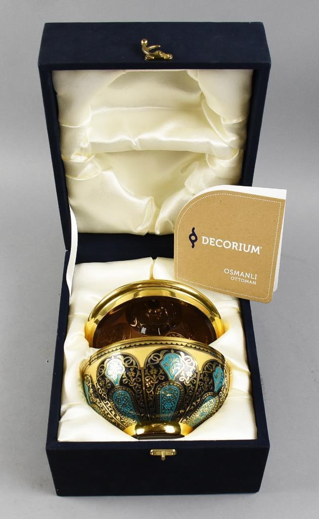 Decorium Osmanli Turkish Glass Lidded Bowl, Original Box: Stunning piece of art glass from Decorium. This glass is in the Ottoman Empire Osmanli Collection. This sugar bowl is decorated with Turkish inspired details in gold, black and turquoise. Stamped on b