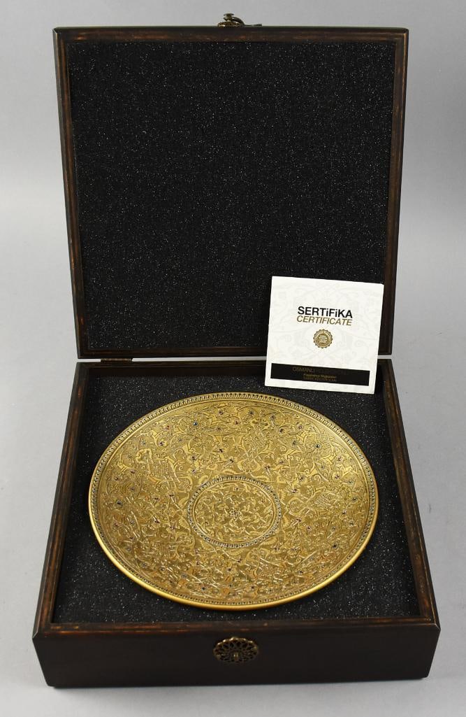 Osmanli Turkish Glass Agil Plate Ltd Ed. Original Box, COA: This is a beautiful Turkish glass plate. From the Osmanli Collection, plate is with color stone inlay and heavy gold gilt. Comes in the original presentation box and includes a COA, limited edition nu