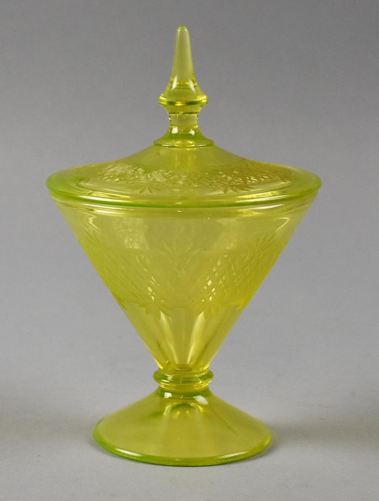 Antique Lancaster Uranium Glass Cut Footed Bon Bon w/ Lid (1 of 8)