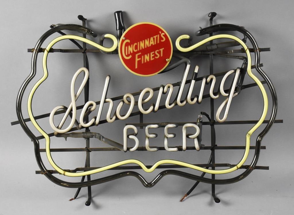 CentralIte "Cincinnati's Finest" Schoenling Beer Neon Sign: Awesome sign from Centralite for Schoenling Beer. This neon sign for "Cincinnati's Finest" in yellow, red and white. Comes in the original shipping box and includes a modern neon transformer.