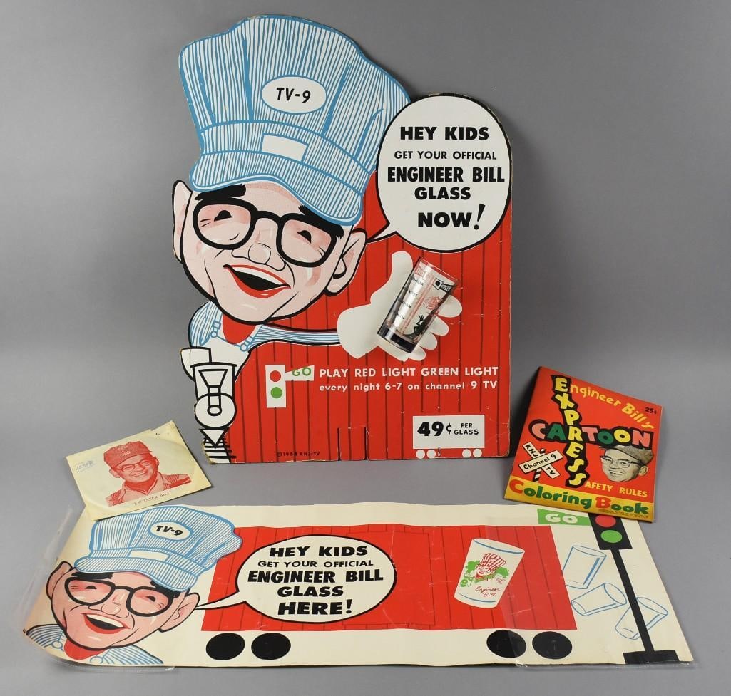 Rare Engineer Bill Railroad Advertising, Glass, Record & More: This is a fun advertising from 1958 for a Red Light, Green Light glass with an actual glass from the 1950s and 1960s Cartoon Express character Engineer Bill aka William Stulla, that aired in Los Angel