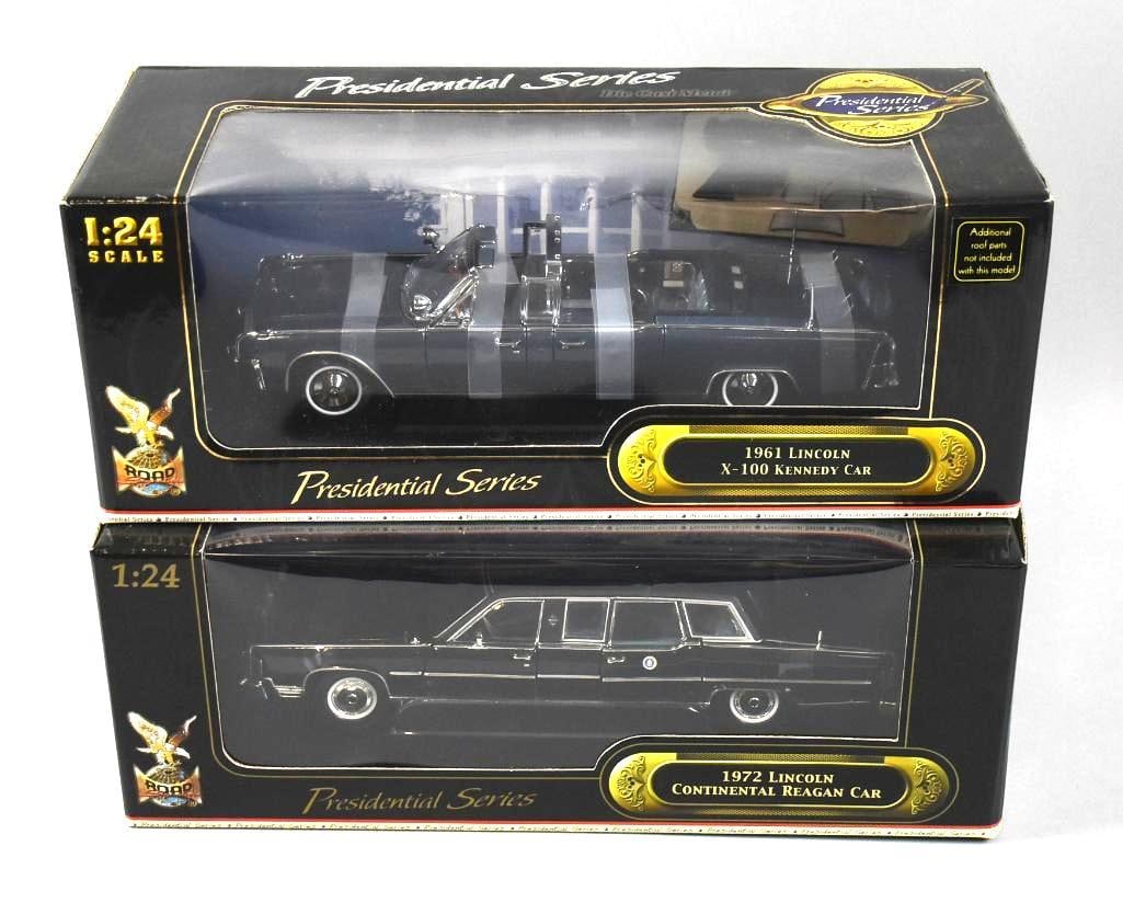 Road Signature Presidential Series 1/24 Scale Diecast MIB NOS: Great diecast cars in 1/24. They are Road Signature, Presidential series and includes 1961 Lincoln X-100 Kennedy Car and 1972 Lincoln Continental Reagan Car.