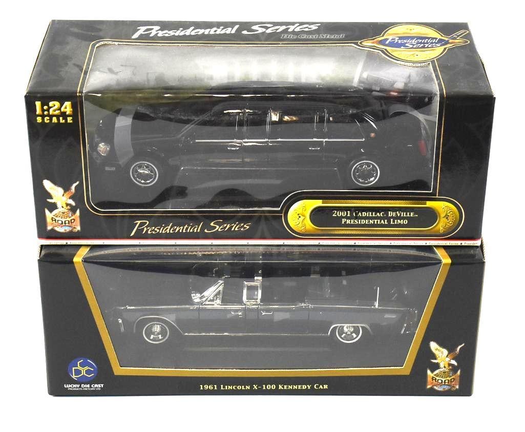 Road Signature Presidential Series 1/24 Scale Diecast MIB NOS: This is a great lot of Presidential limos, Road Signature. They include the 1961 Lincoln X-100 Kennedy Car and the 2001 Cadillac DeVille.