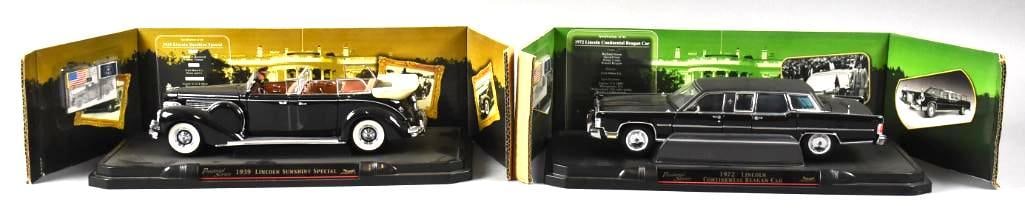 Road Signature Presidential Series 1/24 Scale Diecast: Cool pair of Road Signature 1/24 scale diecast cars. They are from the Presidential Series and include 1939 Lincoln Sunshine Special and a 1972 Lincoln Continental Reagan Car. Come with the original d