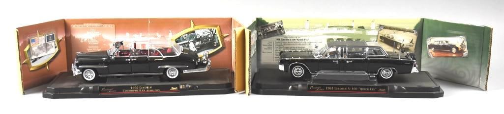 Road Signature Presidential Series 1/24 Scale Diecast: Cool pair of Road Signature 1/24 scale diecast cars. They are from the Presidential Series and include 1950 Lincoln Cosmopolitan and a 1961 Lincoln X-100 "Quick Fix". Come with the original display as